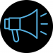 Blue bullhorn icon on a black background